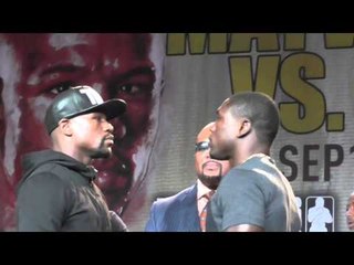 CRAZY TENSE floyd mayweather vs andre berto faceoff - EsNews