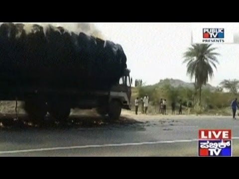 Tumkur: Fodder Lorry Catches Fire On Road Near Madhugiri