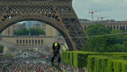 Giant zip line installed on Paris's Eiffel Tower for French Open