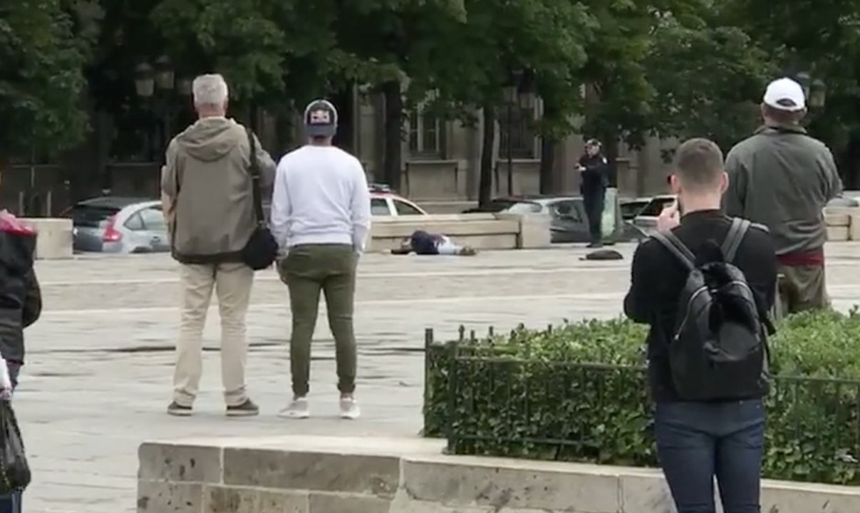 Police Officer Points Weapon at Man on Ground During Notre Dame Incident