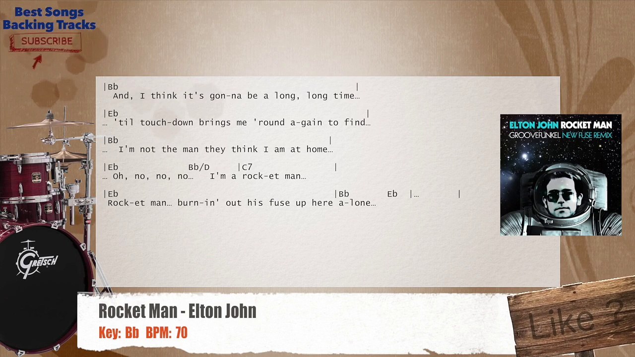 Rocket Man - Elton John Drums Backing Track with chords and lyrics