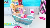 Barbie doll morning routine for Sports Day w/ baby dolls Chelsea & Annabel in dollhouse & pink car