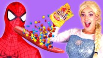 Spiderman & Frozen Elsa M&M CHALLENGE! w_ Maleficent Joker Spidergirl Superman Anna! Superhero Fun