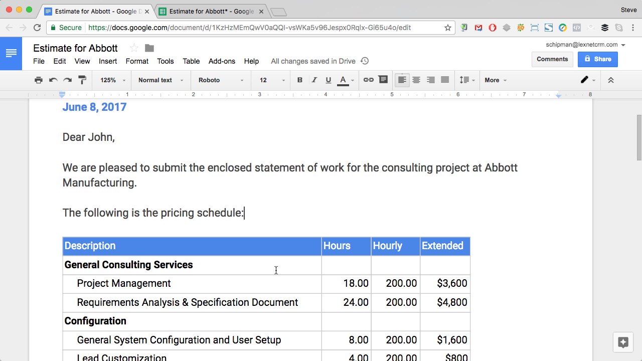 Create Price Quotes in Google Docs With Embedded Spreadheet Cells