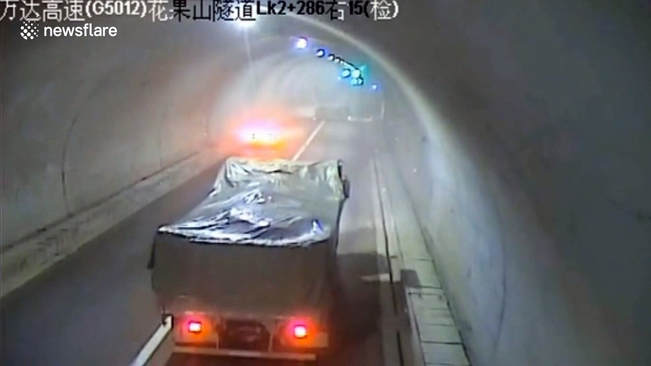 Dramatic moment minibus flips in tunnel