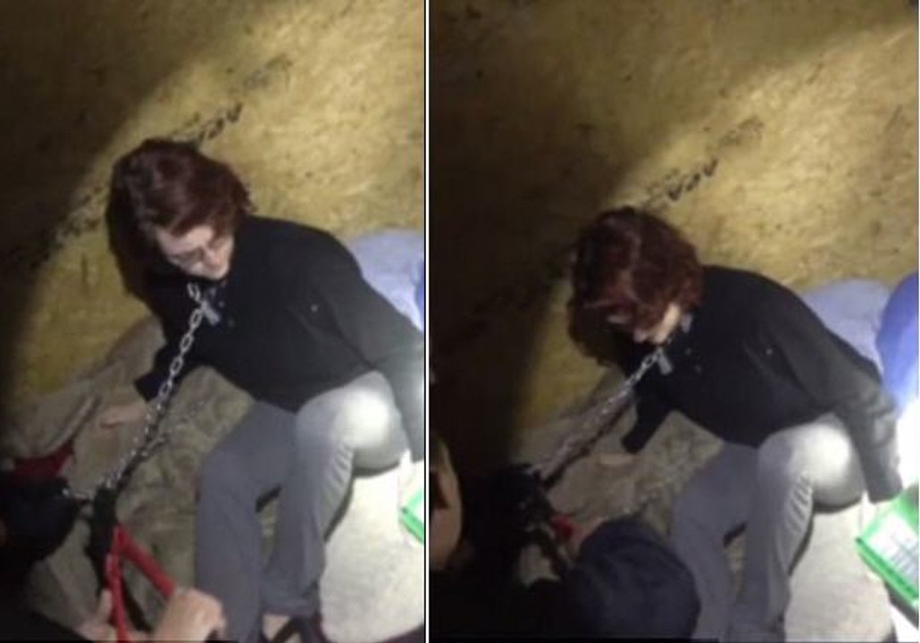 The chilling moment a sex slave who was kept chained in a shipping con