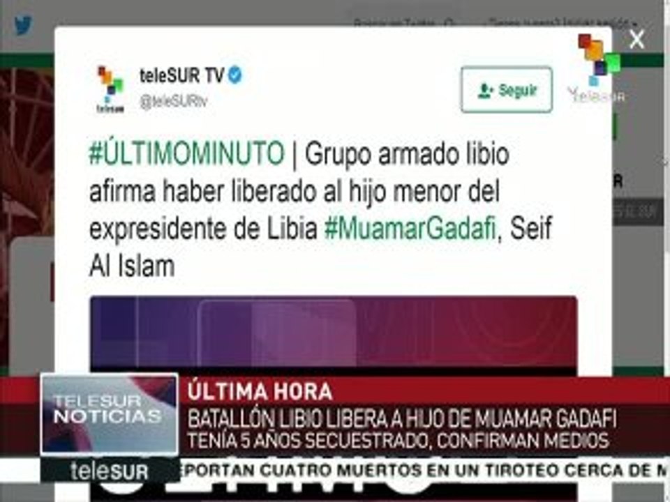 Libia: grupo armado confirma liberación de hijo de Gadafi