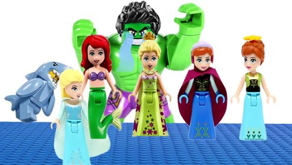 Lego Hulk Shark Attack and Learn Colors Colorful Frozen Elsa Princess Anna & Ariel Finger Family So