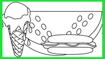 Coloring Picnic Ice cream, watermelon, hot dog  Coloring Book Page