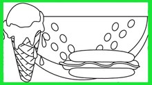 Coloring Picnic Ice cream, watermelon, hot dog  Coloring Book Page
