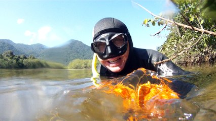 Mergulhando em apneia contemplativa na foz do rio Ubatumirim, Ubatuba, nas ondas e areias da praia e mata ciliar, Ubatuba, SP, Brasil, 2017
