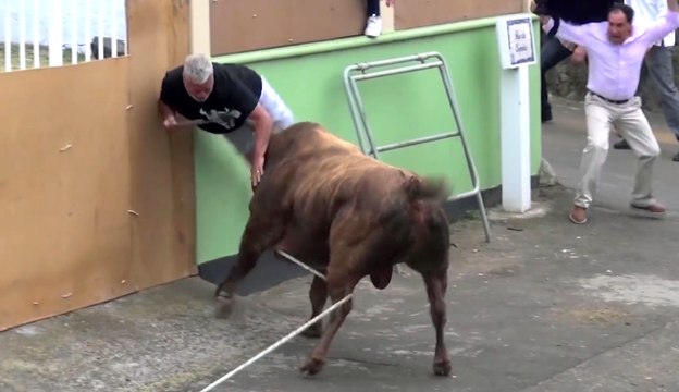 Un taureau retourne un homme dans les airs