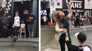Girl’s confused why skateboarding boyfriend jumps out of bowl, then he gets down on one knee