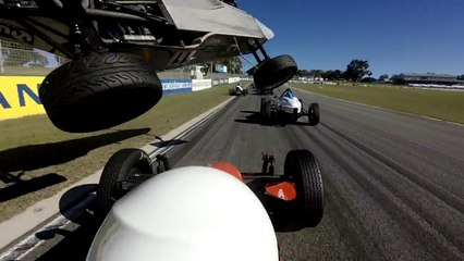 Driver Kathy Lisson flew through the air during a Formula Vee race