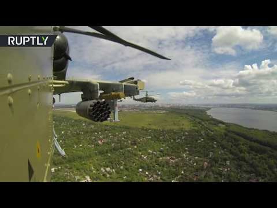 Russian combat helicopters in firing drill action caught on action cam