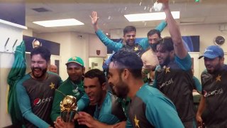 celebration of pakistan cricket team  in dressing room after winning champion trophy