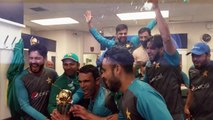 celebration of pakistan cricket team  in dressing room after winning champion trophy
