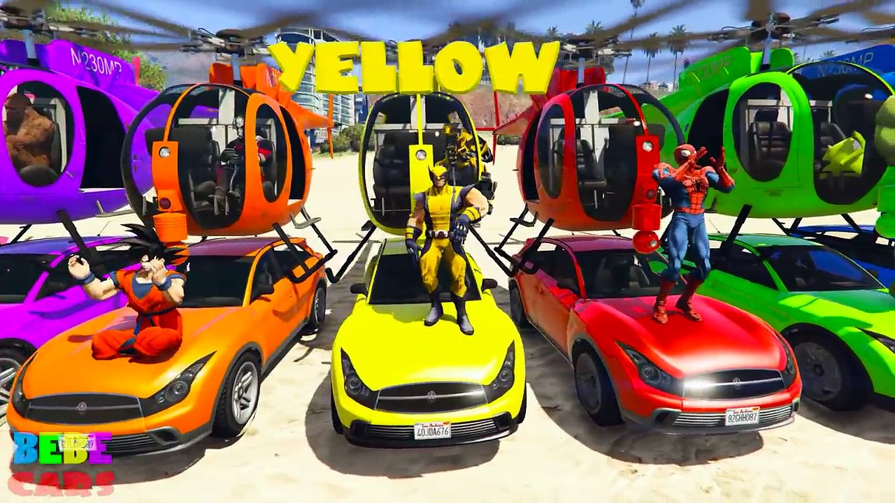 COLOR HELICOPTER on cars with superheroes cartoon for kids and babies 3D animation.