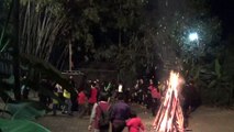 Amazing Vietnamese folk dancing with bamboo sticks in big forest campfire