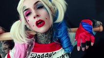 Traje épico Víspera de Todos los Santos maquillaje equipo suicidio Harley quinn tutorial idea 2016