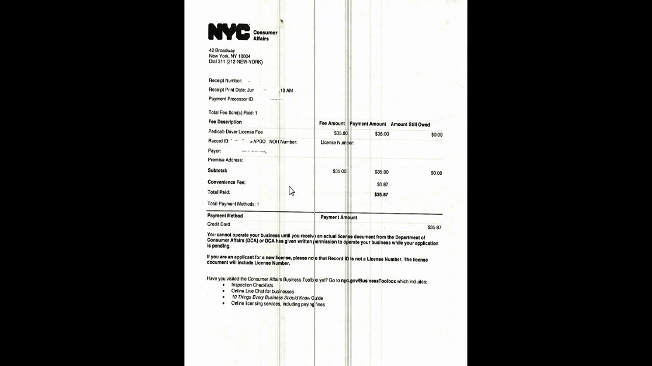 Pedicab driver license payment receipt