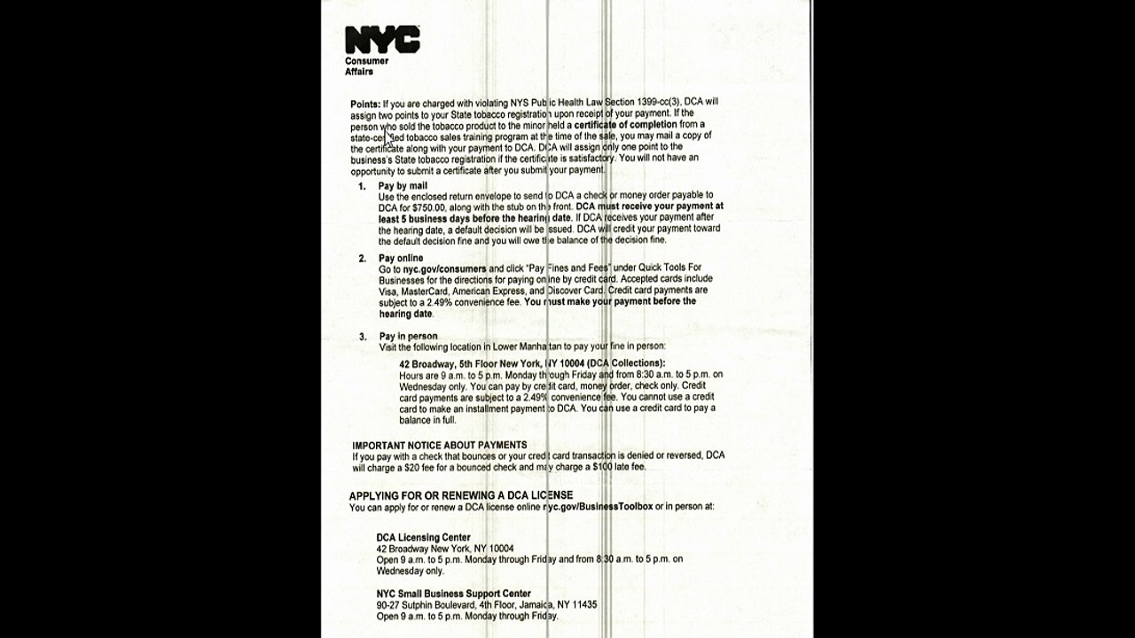 Points in NYS CIGERATTES TO MINOR AND VIOLATION