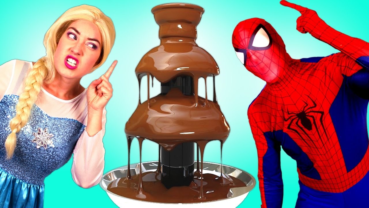 Frozen Elsa & Spiderman CHOCOLATE FOUNTAIN CHALLENGE! w_ Maleficent Anna Spidergirl Superhero Fun _)