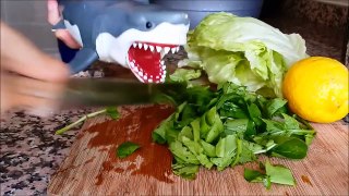 shark toy playing making saladas