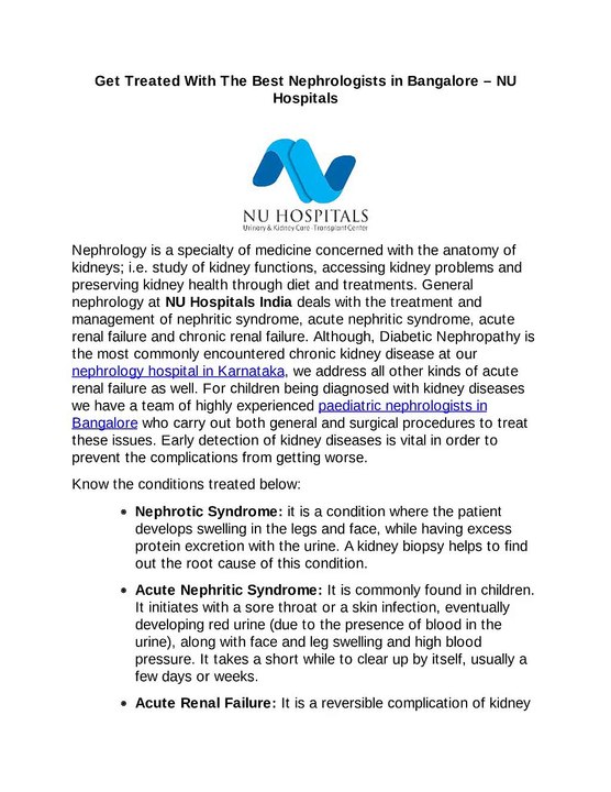 Get Treated With The Best Nephrologists in Bangalore - NU Hospitals