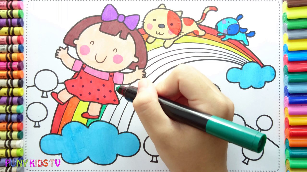 Learning How to Drawing Baby Girl, Cat, Dog and Rainbow Colorful for Kids - Coloring Pages Videos For Kids