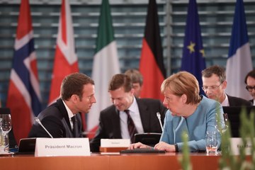 Conférence de presse d'Emmanuel Macron à Berlin lors de la réunion préparatoire du G20
