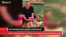 Tavuklarının doğum gününü pastayla kutladı