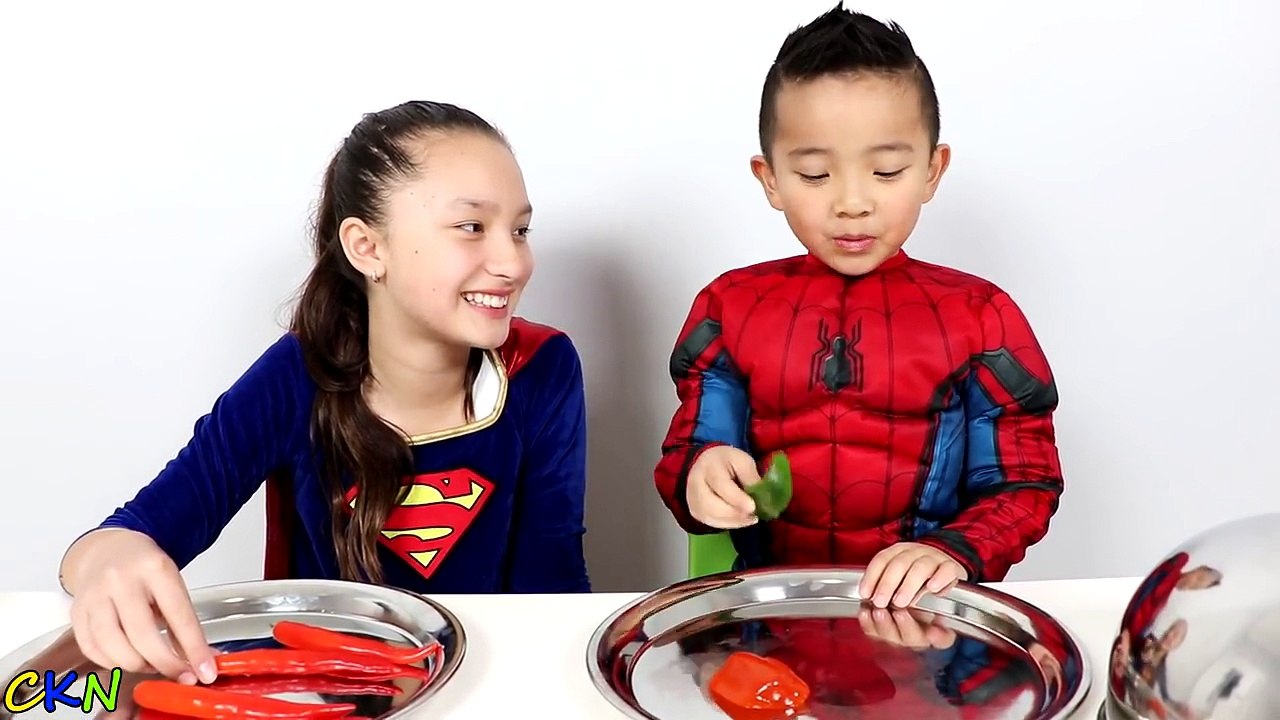 Superhero GUMMY Vs REAL FOOD Spiderman Vs Supergirl Challenge Ckn Toys