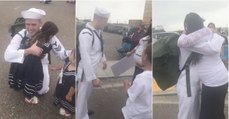 Marinheiro regressa de missão e emociona-se ao encontrar a esposa grávida