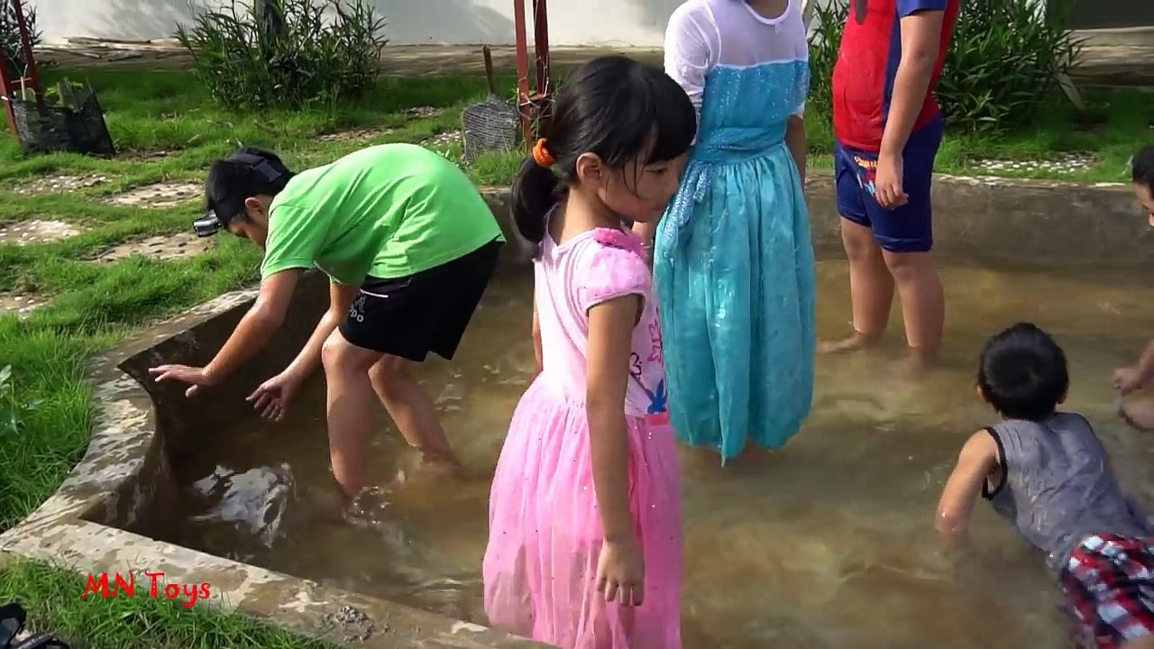 Catch Fish By Hand - Elsa và Anna cùng Người nhện chơi trò bắt cá bằng tay trong bể vầy MN