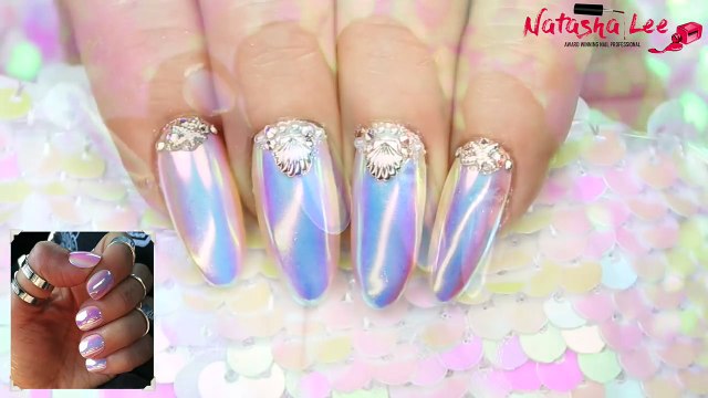 WHITE CHROME NAILS | Mermaid Unicorn Dust Iridescent Nail Art | Sea Shell Nail Swarovski & Pearl