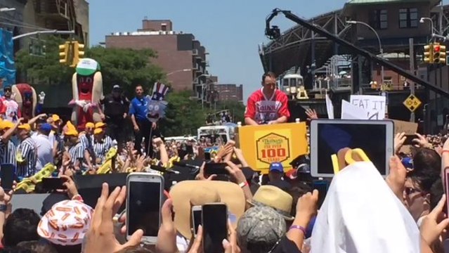 Joey Chestnut Celebrates Breaking Record to Win Nathan's Hot Dog Eating Contest