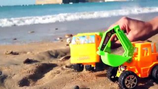 Toy cars on a beach. Videos for children & toy truck videos. Toy excavator & toy