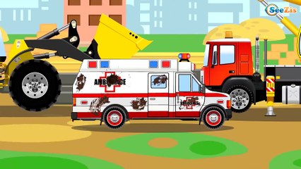 White Ambulance Real Rescue in the City w Police Car - New Cars & Trucks Kids Animation
