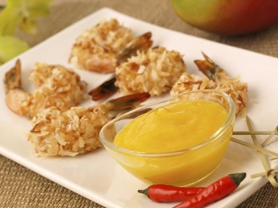 Camarones con coco y salsa de mango / Receta de camarones