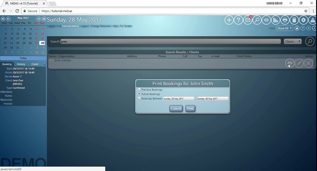 MIDAS: How To Print A Client's Bookings
