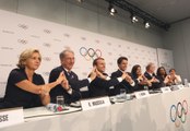 Conférence de presse de la déleguation française pour soutenir la candidature de paris aux Jeux Olympiques de 2024 le mardi 11 juillet 2017 à Lausanne