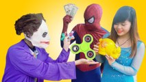 Joker exchange PIG with FIDGET SPINNER w/ Frozen Elsa & Spiderman, Joker | Funny Superhero IRL Video