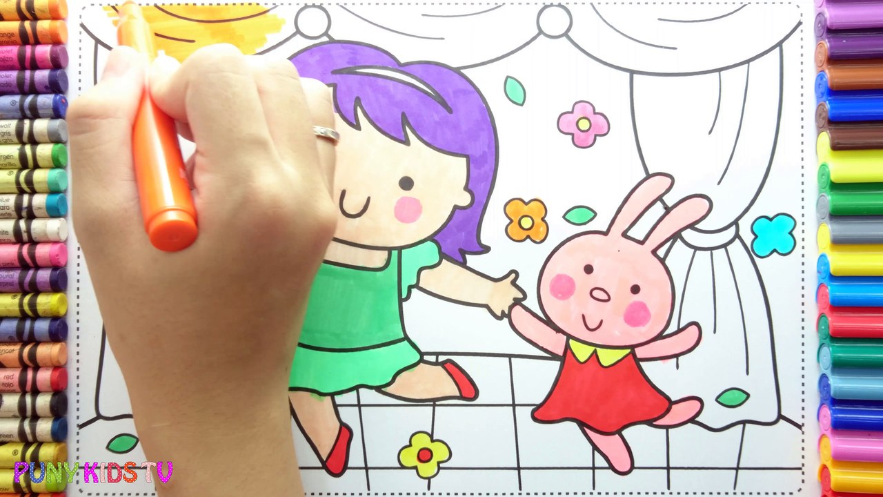 How to Drawing Baby Girl and Rabbit Dancing Colorful for Children - Coloring Pages Videos For Kids