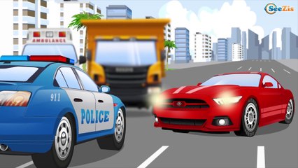 Kids Car Cartoon - The Blue Police Car & Big Race with Red Racing Cars in the City New Compilation