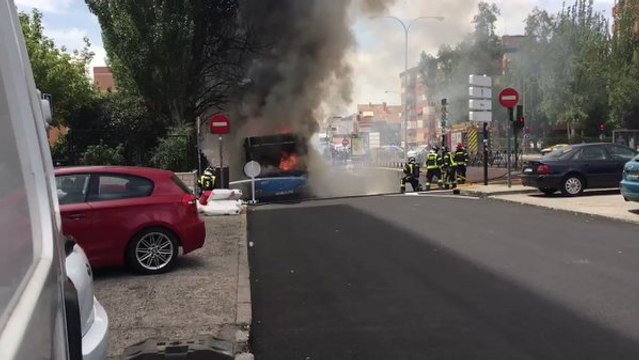 Smoke and Flames Seen as Bus Goes on Fire in Madrid