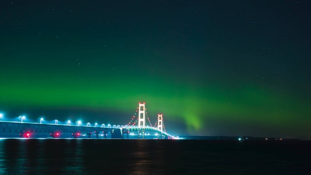 Northern Lights Shine Above Michigan's Mackinac Bridge
