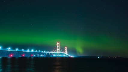 Northern Lights Shine Above Michigan's Mackinac Bridge