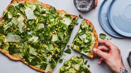 White Pizza with Shaved Vegetables and Pesto