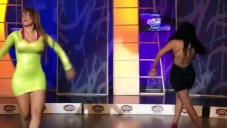 host gets excited as girls dance in tight dresses and high heels on soccer show